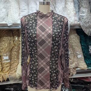 Bohemela Women's Plaid Patchwork & Ditsy Floral Long Sleeve Top